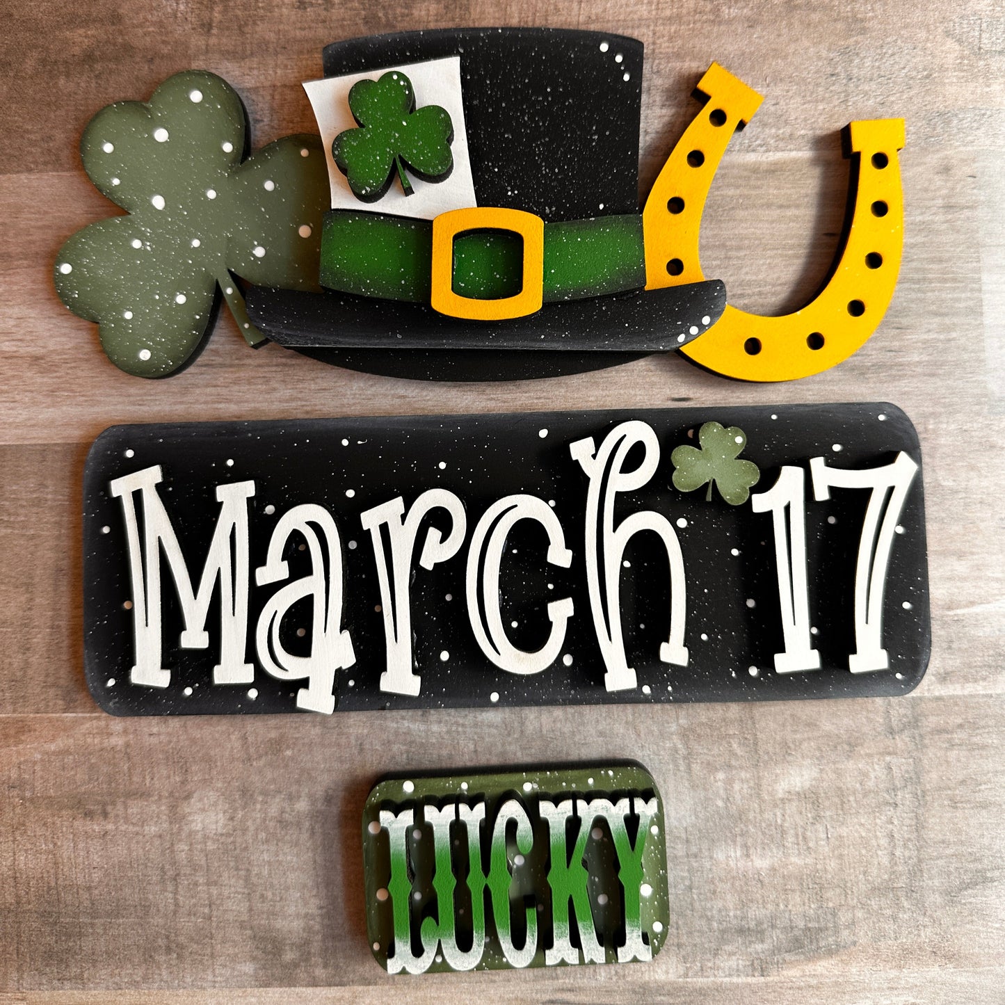 This is our St. Patrick’s Day insert that goes with our Vintage Truck. It shows a shamrock, hat and horseshoe that slides into the back of the truck's rails. The tailgate reads “March 17,” and the license plate reads “Lucky.” These items include Velcro dots, allowing them to adhere to the Velcro on the truck base. All these items are hand-painted with love.