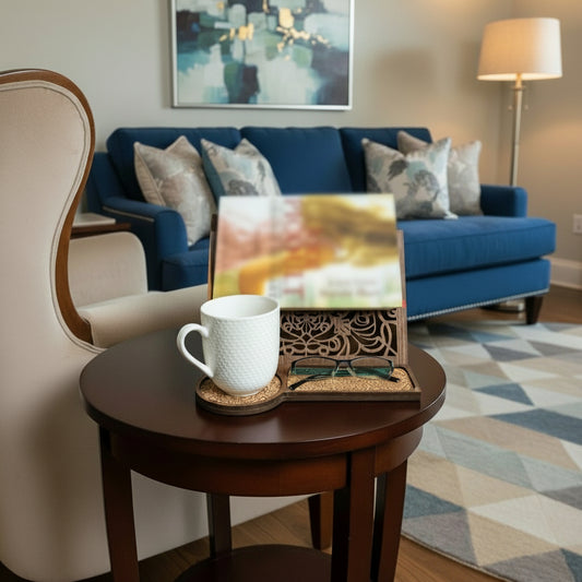 Book valet that holds your book and page. Made from premium walnut plywood. There is even a place for a warm cozy beverage or glass of wine. 