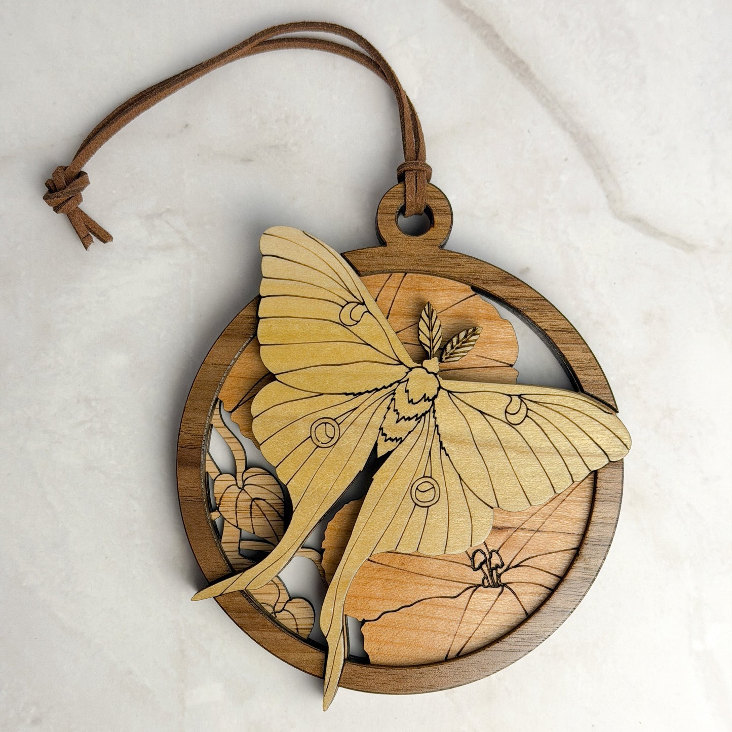 Luna Moth wooden ornament made from four layers of wood-Oak, Cherry, Walnut & Poplar.